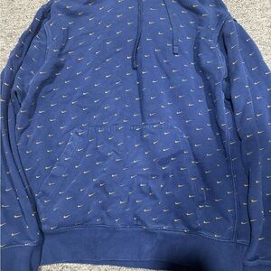 Nike Men's Navy Blue Zip-Up Hoodie with Small Gold Swoosh Print